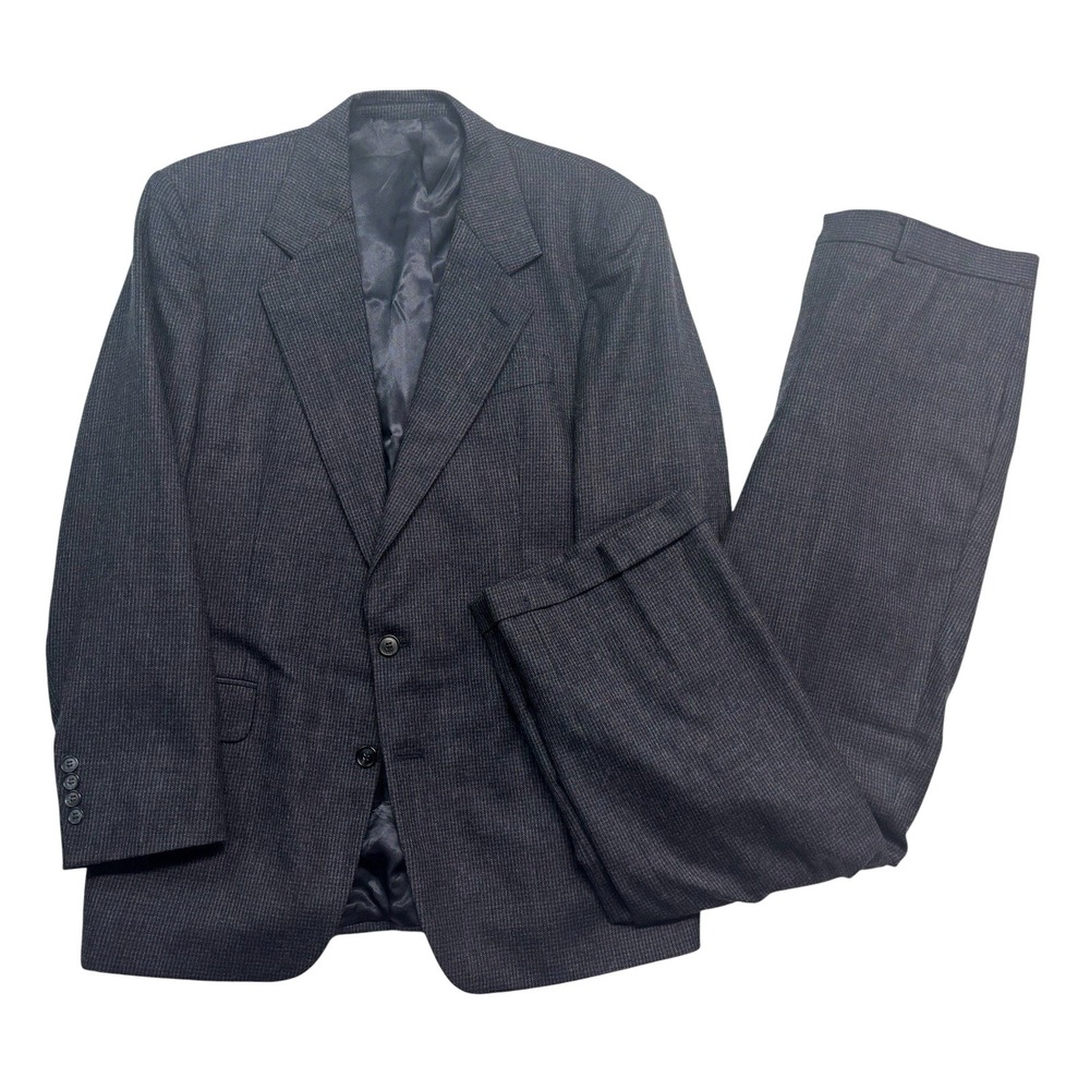 vtg 90s Flannel Wool 42R 34x30 Navy Blue Houndstooth 2pc Pant Suit Flat Front